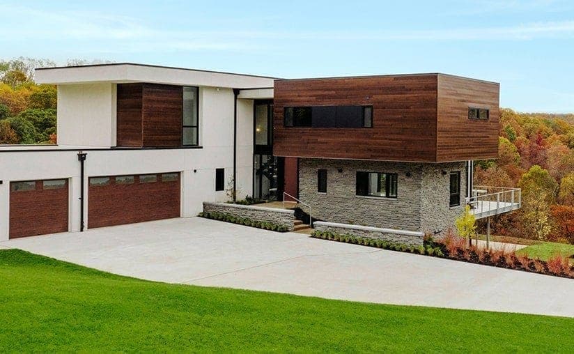 Modern steel flush long window walnut garage door