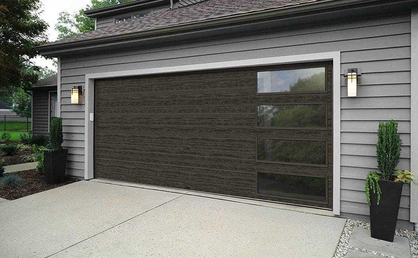 Modern steel flush windows down right side slate garage door