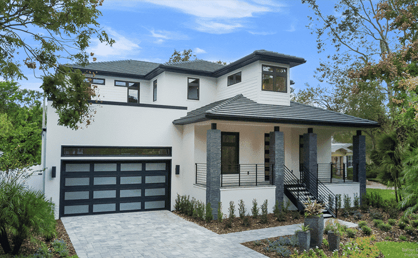 Modern steel flush fullview window black garage door