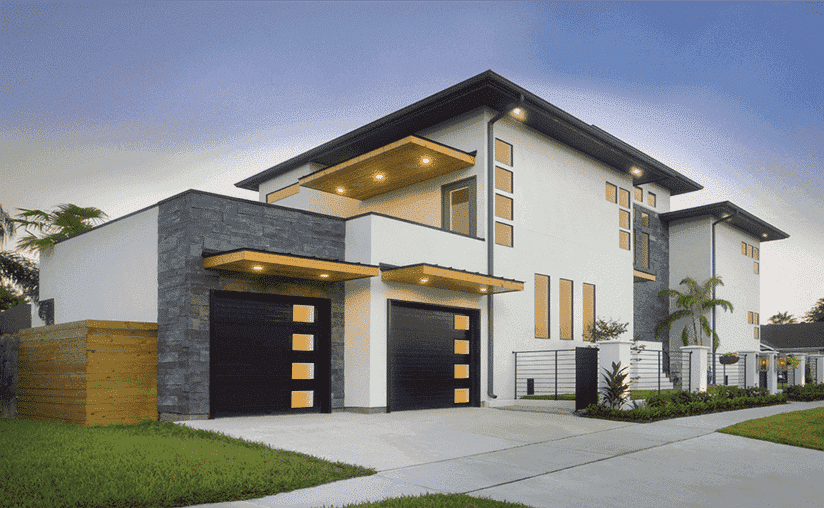 Modern steel ribbed windows down right side black single garage door