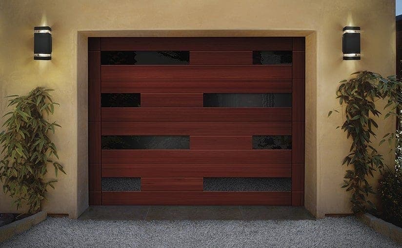 Reserve modern design offset window redwood garage door